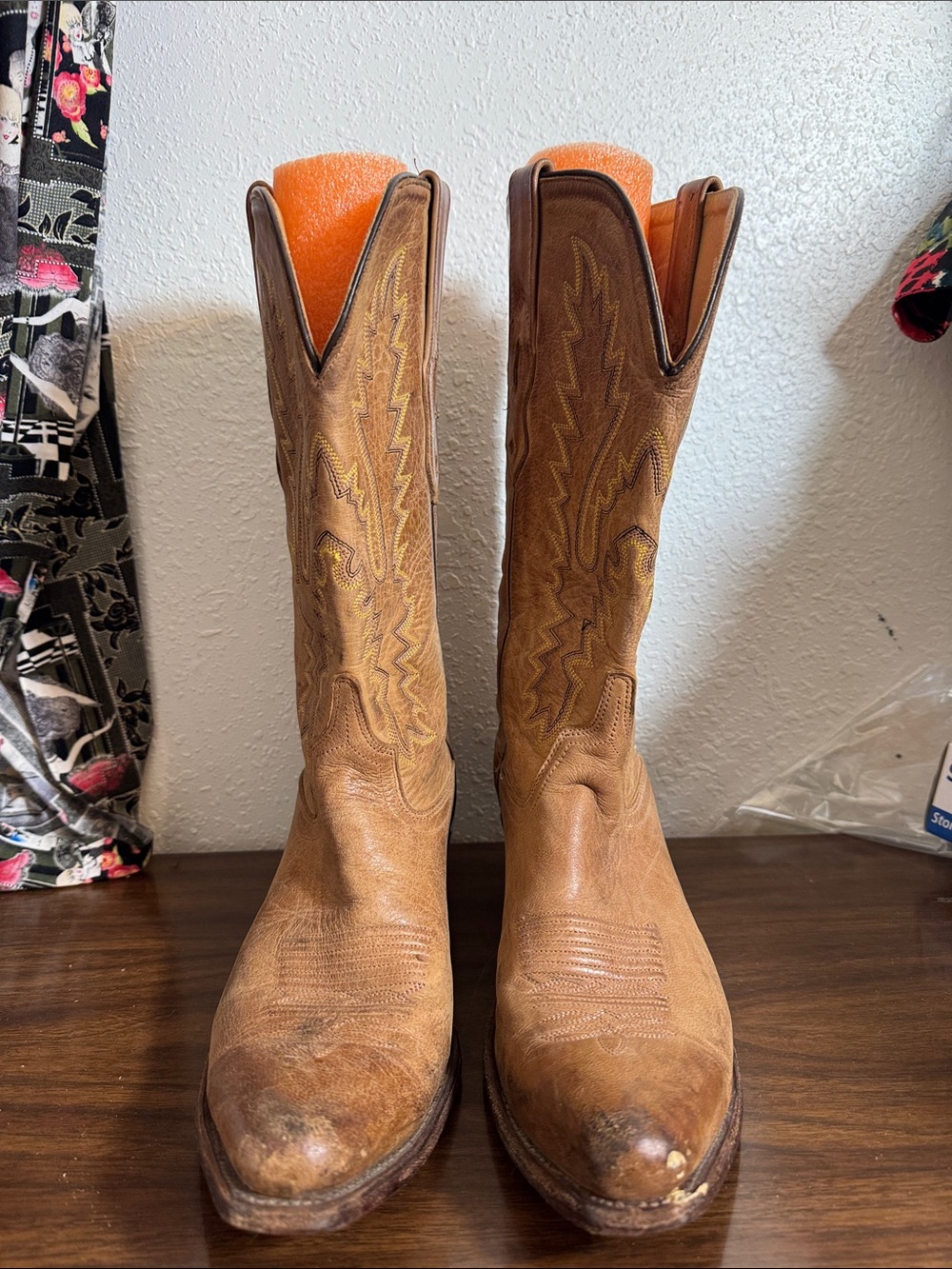 Vintage Tan Embossed Western Leather Boots Stacked Heel